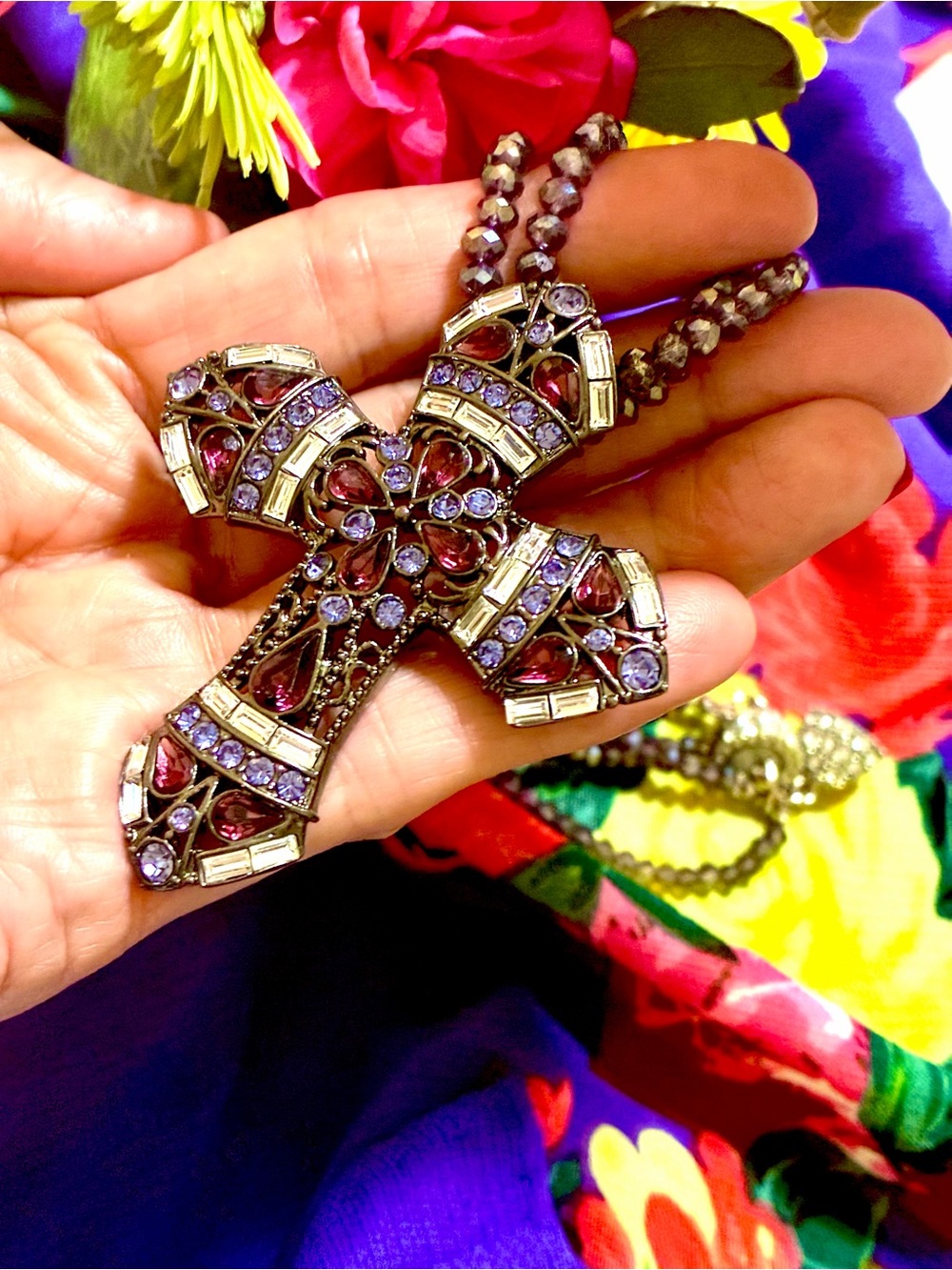 Real Collectibles by Adrienne Purple & Fuchsia Cross Pendant, crystal strand. - Picture 6 of 6